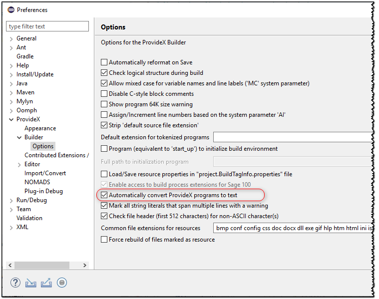 Verify ProvideX Builder/Options preference page