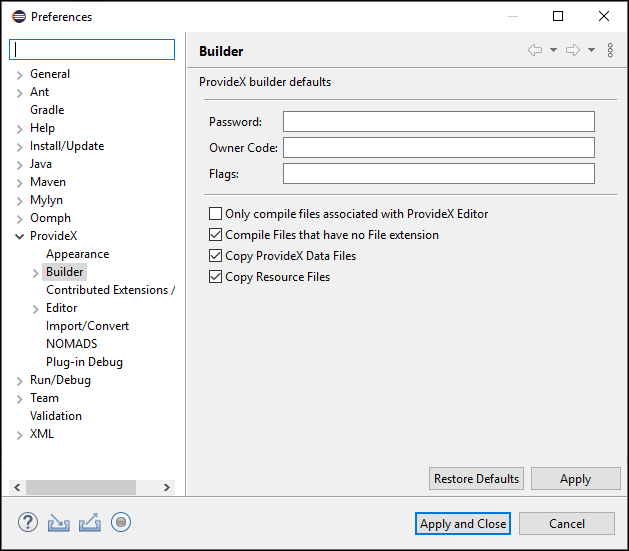 Verify ProvideX Builder preference page