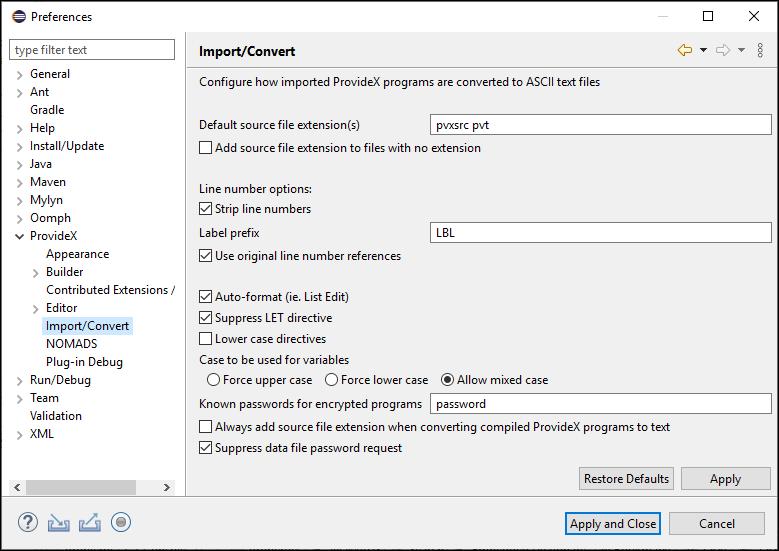 Configure ProvideX preference page