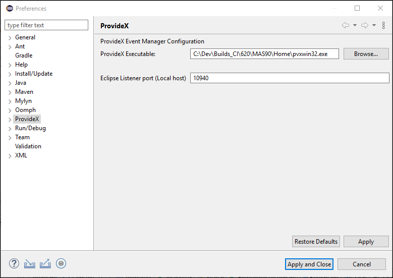 Configure ProvideX preference page