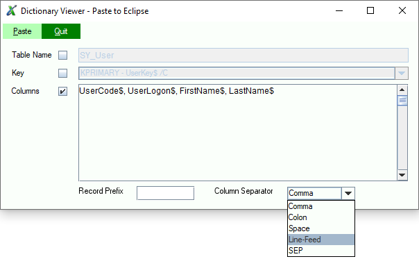 Set options for paste action