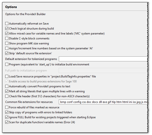 ProvideX Builder Options Preferences