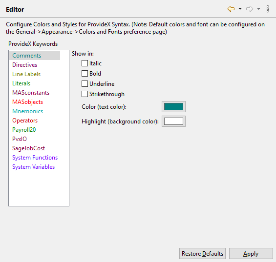 ProvideX Editor Preferences