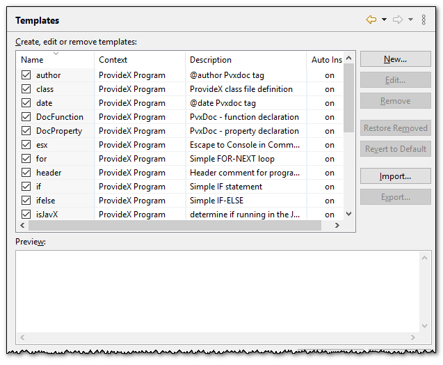 ProvideX Editor Template preferences page