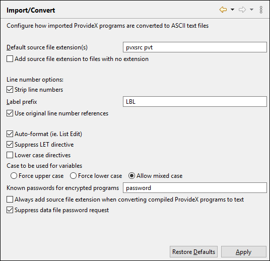 ProvideX Editor Options preference page